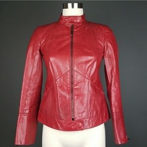 Ladies Red Leather Cafe Moto Racer Jacket Sz 0